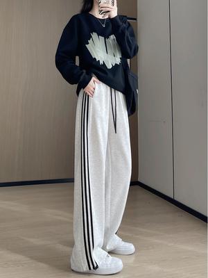 Striped Sports Pants, Women's Spring and Autumn Straight Leg Loose Sweatpants, Lazy Three Bar Wide Leg Pants
