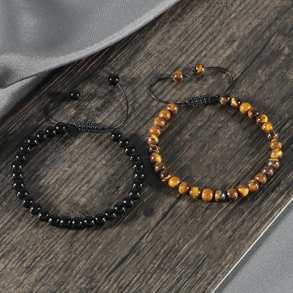 6mm Natural Stone Men Bracelets Charm Tiger Eye Black Beads Bracelet Braided Bangle Adjustable Charm Women Yoga Jewelry Pulseras