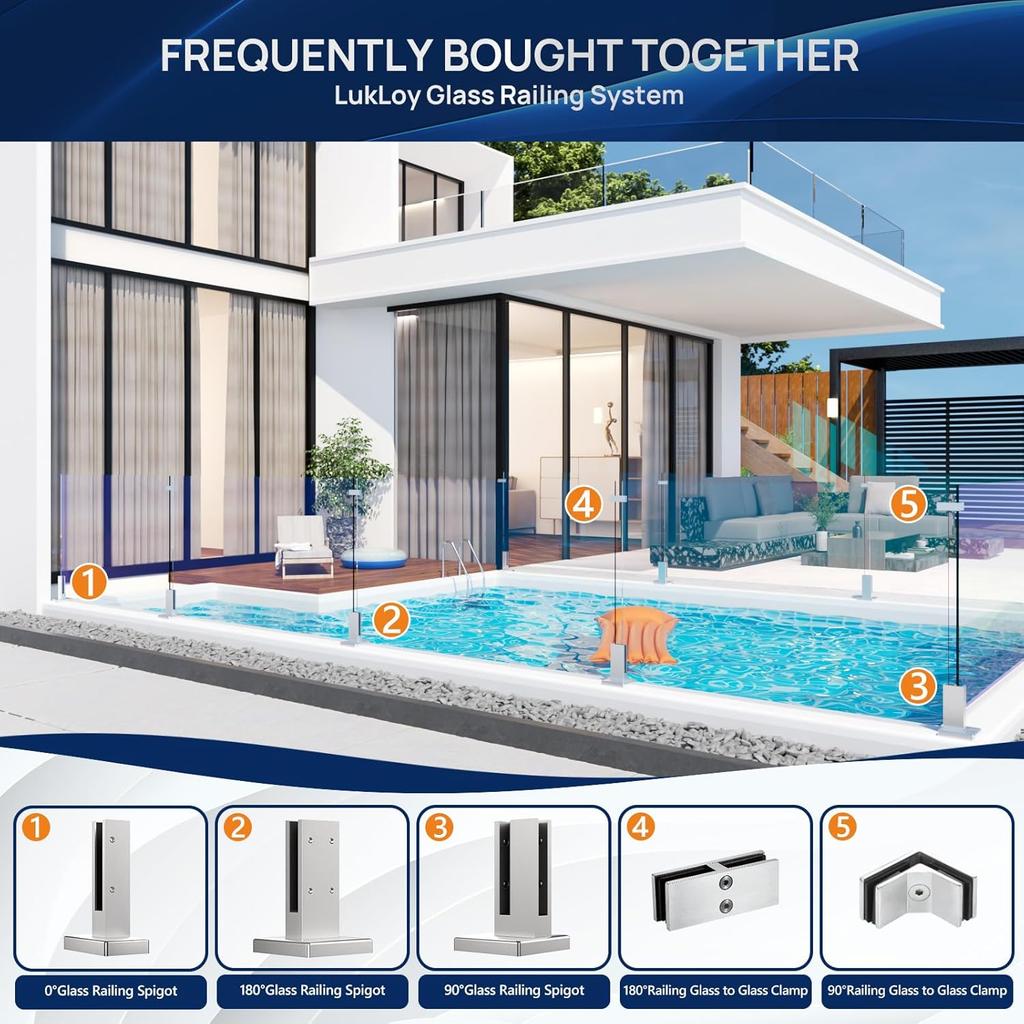 LukLoy Railing Glass to Glass Clamp, Stainless Steel 304 Bracket for Glass Balustrade Railing Pool Fence (4 Pieces 180°)