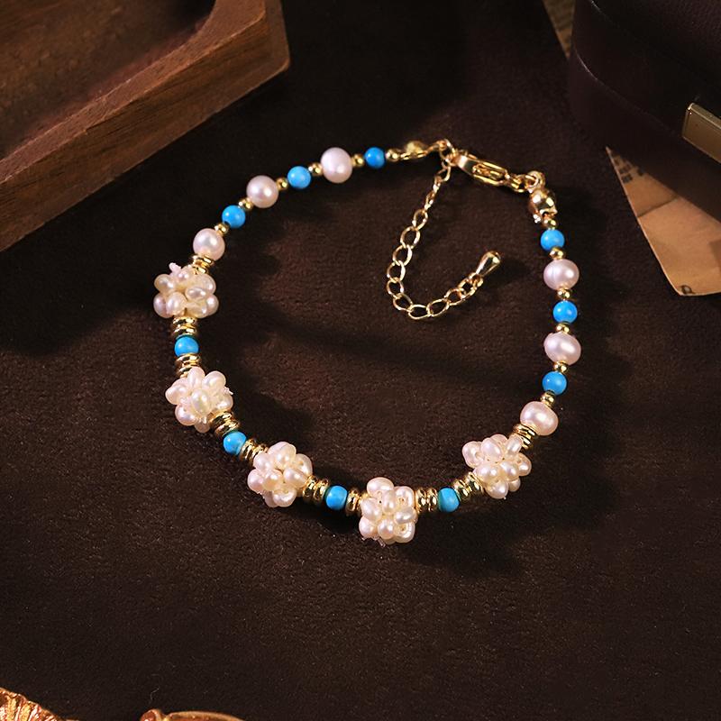 Natural Freshwater Pearl Cluster Turquoise Beaded Bracelet for Women Daily Office Wedding Dainty Pearl Bracelet Bohemian Jewelry