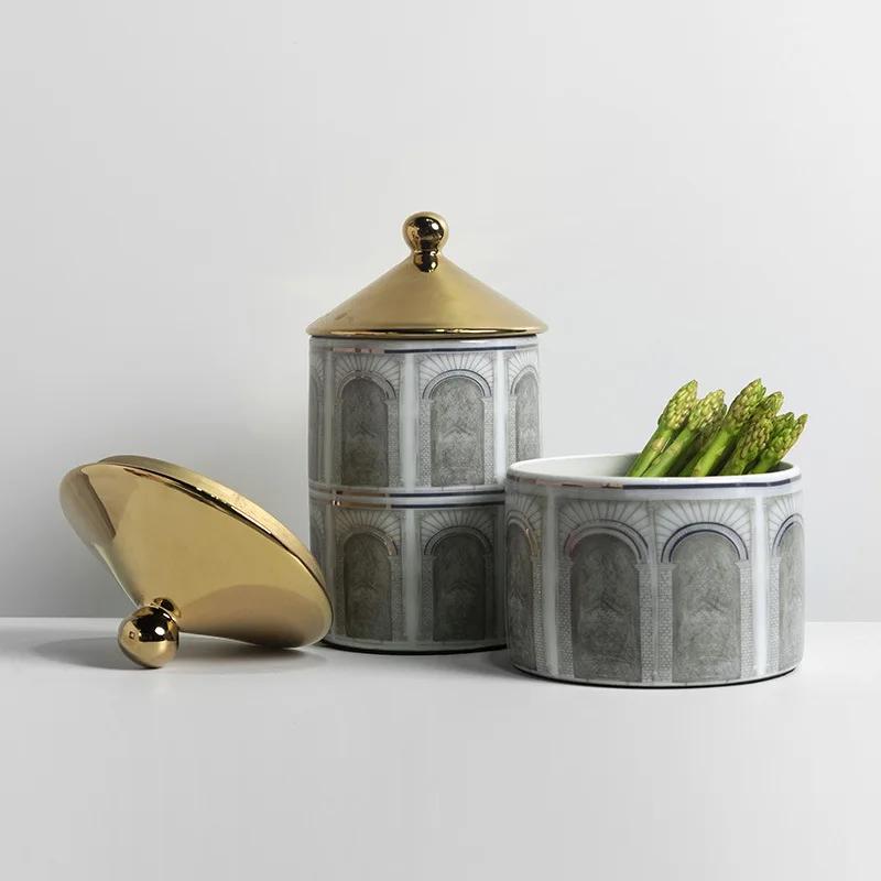 Modern Architectural Pattern Ceramic Storage Tank with Cover Household Decoration Vase Candle Jar  Candy Tank Kitchen Storage