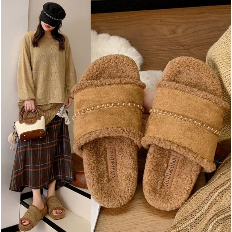 Fashion Designer Women's Lamb Wool Open Toes Slippers Retro Cotton Slides Autumn Winter Fur Shoes 2025 New Fashion Women's Shoes