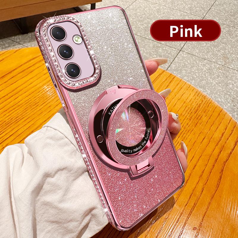 Diamond Glitter Plating For Magsafe Phone Holder Case For Samsung Galaxy A15 A14 A13 A55 A54 A53 A52 4G 5G Stand Silicone Cover