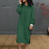 Breathable Hoodie Dress Women Hooded Long Sleeve Sweatshirt Front Pocket Side Solid Color Split Drawstring Hem Midi Streetwear