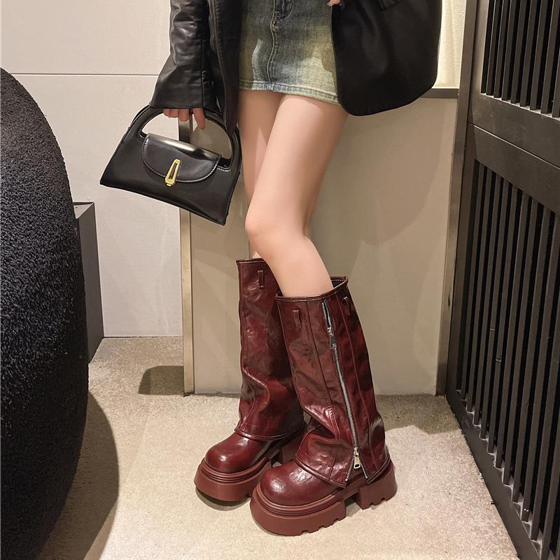 Fashion Top Quality Women's Winter Fashion Rivet Color Blocking Side Zipper Thick High Heel Square Head Motorcycle Boots Catwalk Boots