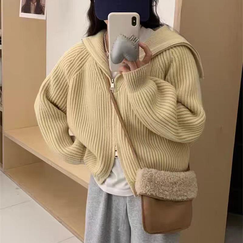 

Lazy wind knitted cardigan women s clothing autumn and winter new zipper large lapel loose versatile sweater jacket women One size