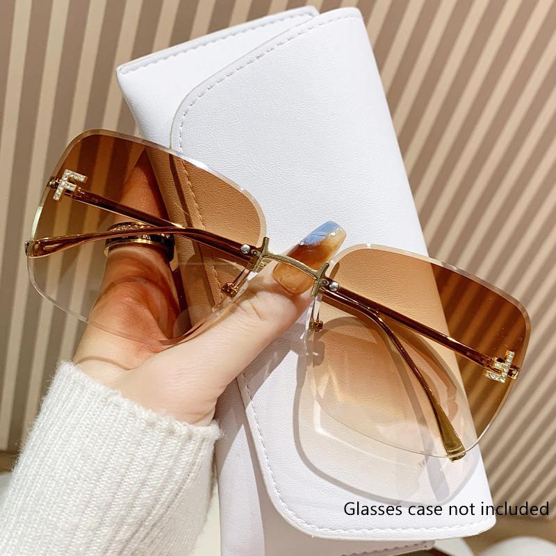 Autumn New Metal Rimless Sunglasses Trend Glasses Letter F Diamond-Encrusted Square Large Frame Sunglasses Female