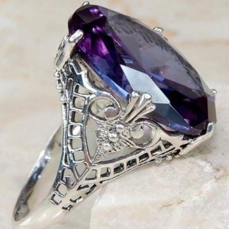 Purple Gem Zircon White Gold-Plated Ring - European American Trendy Girl Fashion Jewelry