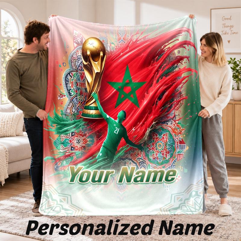 Morocco Football Personalized Flannel Blanket Custom Name Text Soft Throw Blanket Home Decor