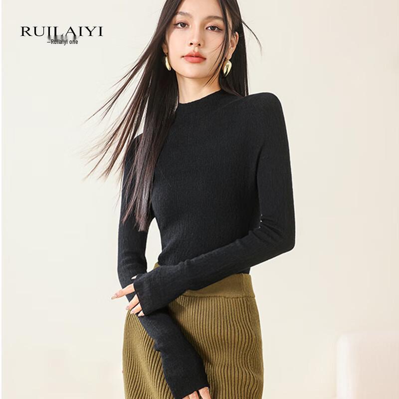 RUILAIYI Women s Embossed Texture Mock Neck Wool Knit Top L