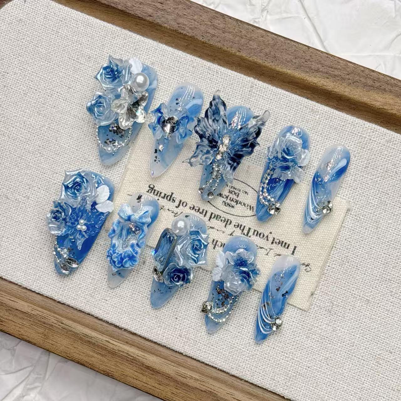 Blue Gradient Butterfly Medium Pointed False Nail Tips