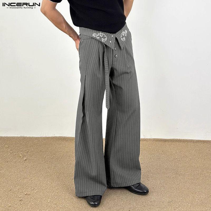 INCERUN Men Casual High Zipper Waist Embroidery Loose Long Wide Legs Pants Trousers