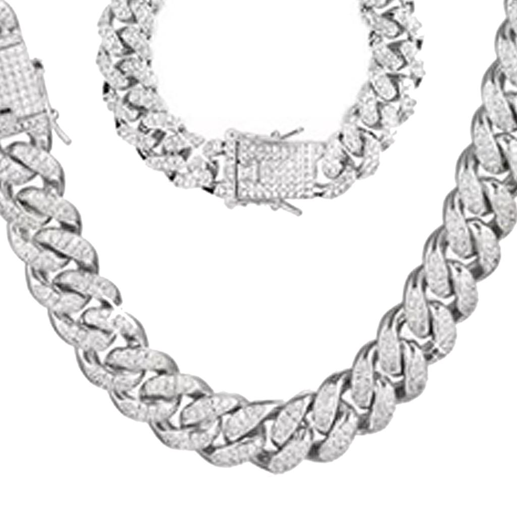 2 Stück Cuban Link Kette Strass Halskette Armband Set Geschenk für Liebhaber Jahrestag Geburtstag Silber 50CM 20CM