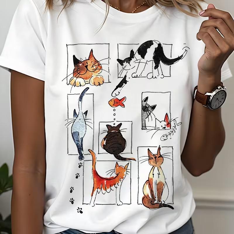 

Women S Short-Sleeved T-shirt with Illustrations Multiple Cats in Funny Poses, Hand-Painted Style Wear S
