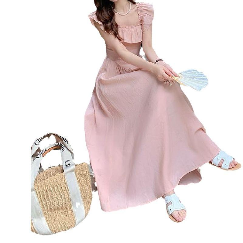 Sweet and Gentle Pink Small Flying Sleeve Dress Women's Summer Lotus Leaf Edge Square Neck Long Dress Waist Temperament a Word Skirt