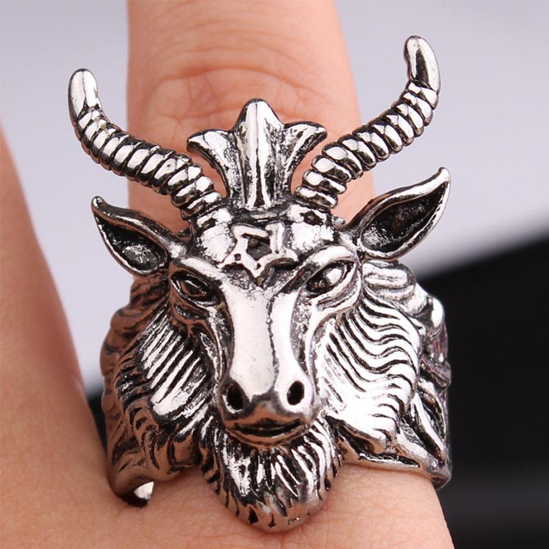 Retro Sigil of Baphomet Large Ring For Men Punk Gothic Rock Hiphop Open Ring Handmade Designer Zircon Biker Accessories Gift
