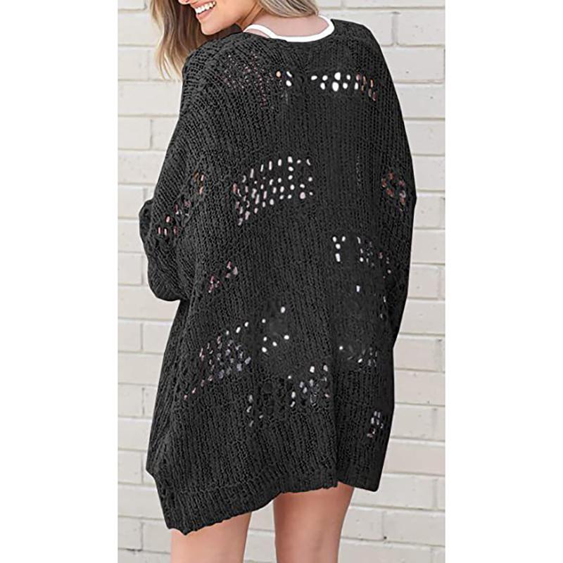 Women Knit Sweater Cardigan Beach Full Sleeve Hollow Out Jumper Straight Solid Casual Elegant Coat Knitted Outwear