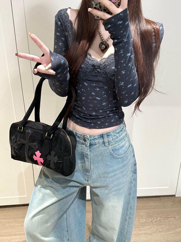 Women's American Floral Slim Fit Long Sleeve Top - Trendy, Versatile Base Layer for Spring & Autumn