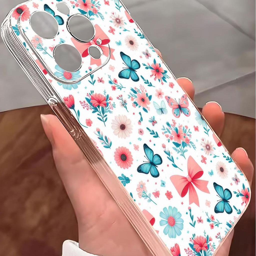 Blue Butterfly Flower Cluster Anti-Fall Transparent Case for iPhone 14/15/16/17 Pro Max Series