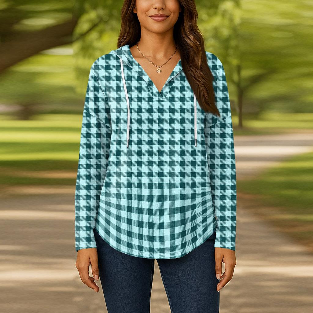 Damenmode Kapuzenpullover V-Ausschnitt Langarm Geblümter Kordelzug Lässig Locker Pullover Tops