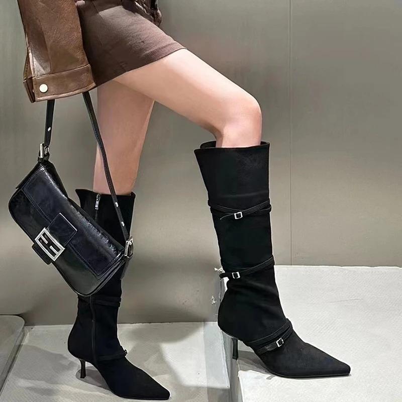 Vintage Suede Women Knee High Boots Fashion Pointed Toe Shoes Autumn Winter Thin Heel Ladies Short Plush Long Booties
