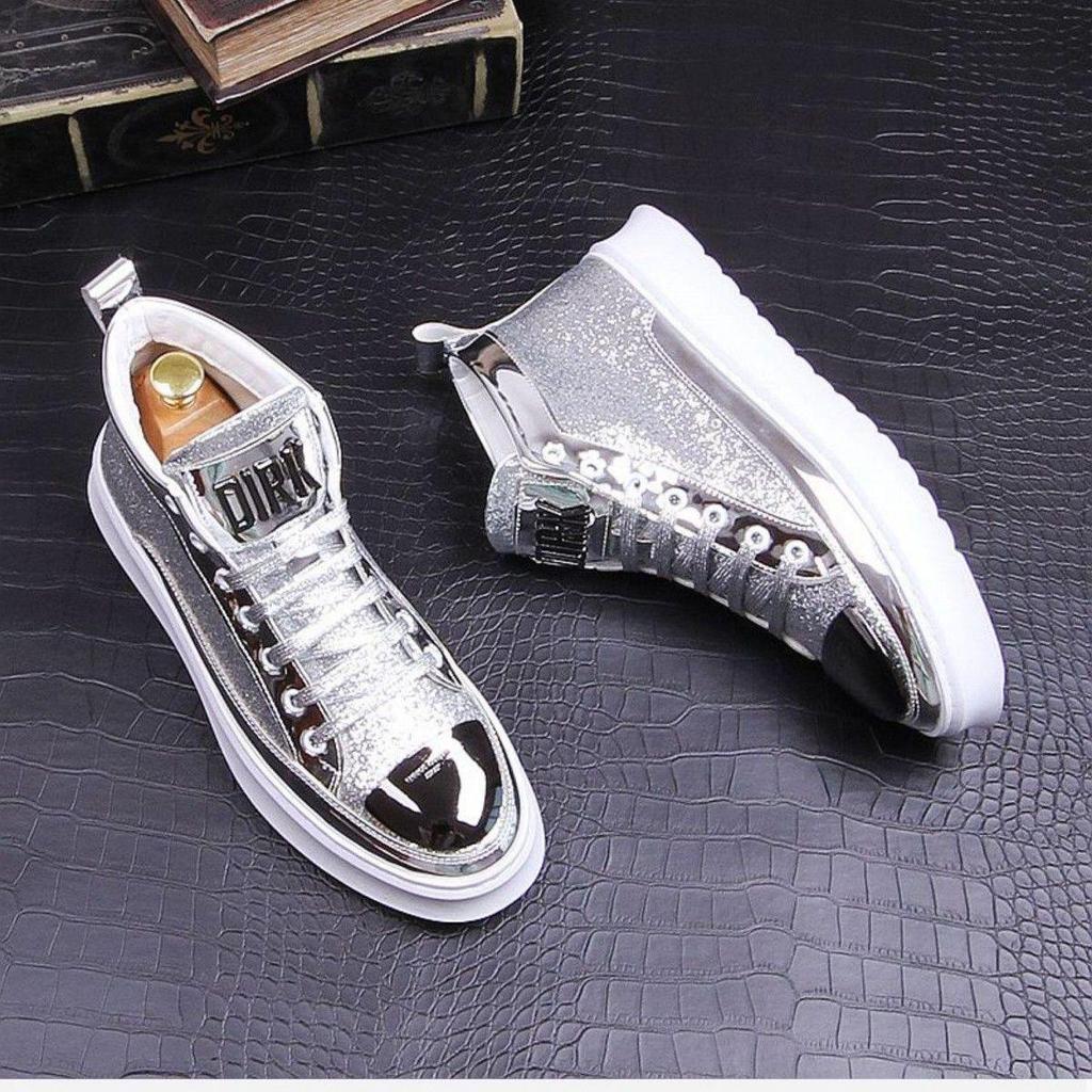 Srebrne i Złote Męskie Modne Sneakersy High-Top - Modne, Dodające Wzrostu Buty Casualowe