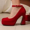 Block High Heels Platform Pumps Shoes Woman Round Toe Ankle Strap Flock Black Red Heeled Party Wedding Office Shoes Ladies