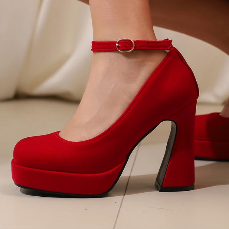 Block High Heels Platform Pumps Shoes Woman Round Toe Ankle Strap Flock Black Red Heeled Party Wedding Office Shoes Ladies