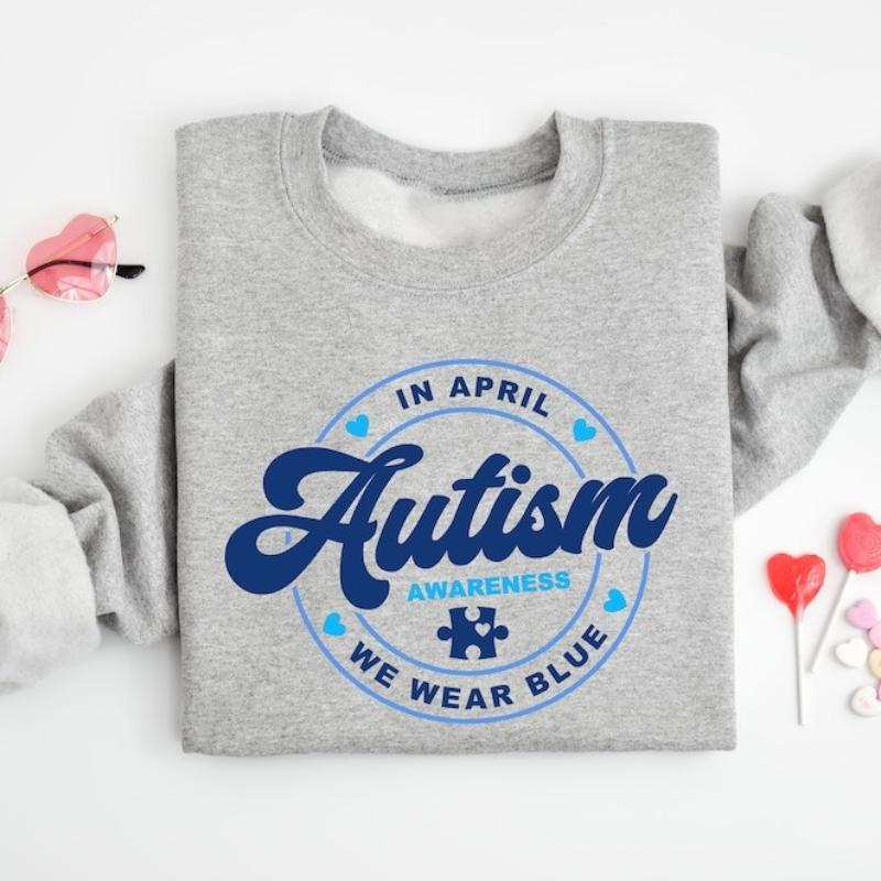 Autism Awareness Sweatshirt in April We Wear Blue Crew Neck Soft Comfortable Autumn and Winter Fashion Simple Thermal Hoody Tops S