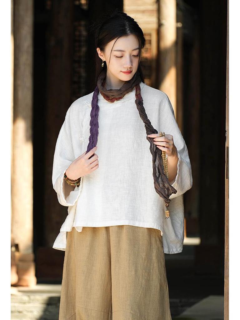 Women's Zen Style Long Sleeve Ramie Top with Frog Buttons - Chinese Retro, Sand Washed, Brushed Cotton Linen