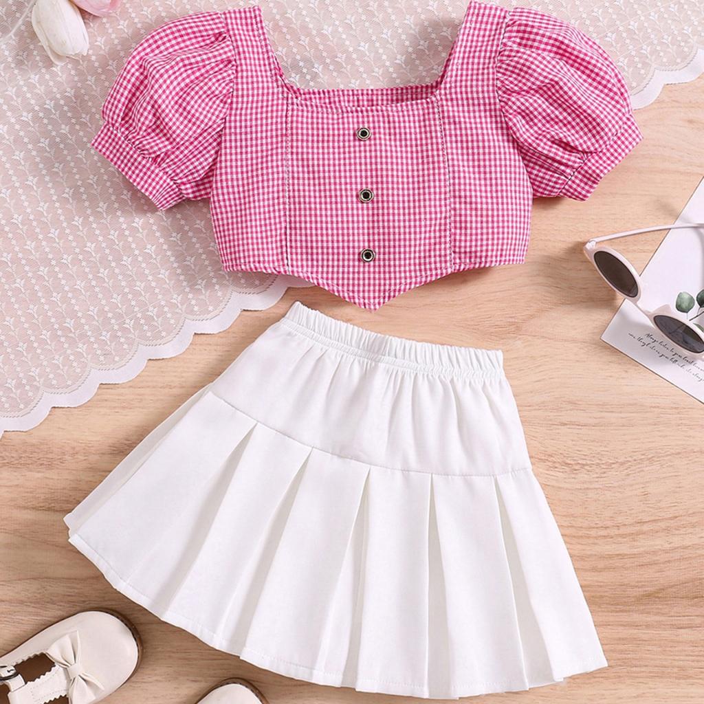 Girls' Fashion Set: Summer Children's Checkered Flared Sleeve Square Neck Pullover, Solid Color Patchwork Pleated Skirt Two-piece Set