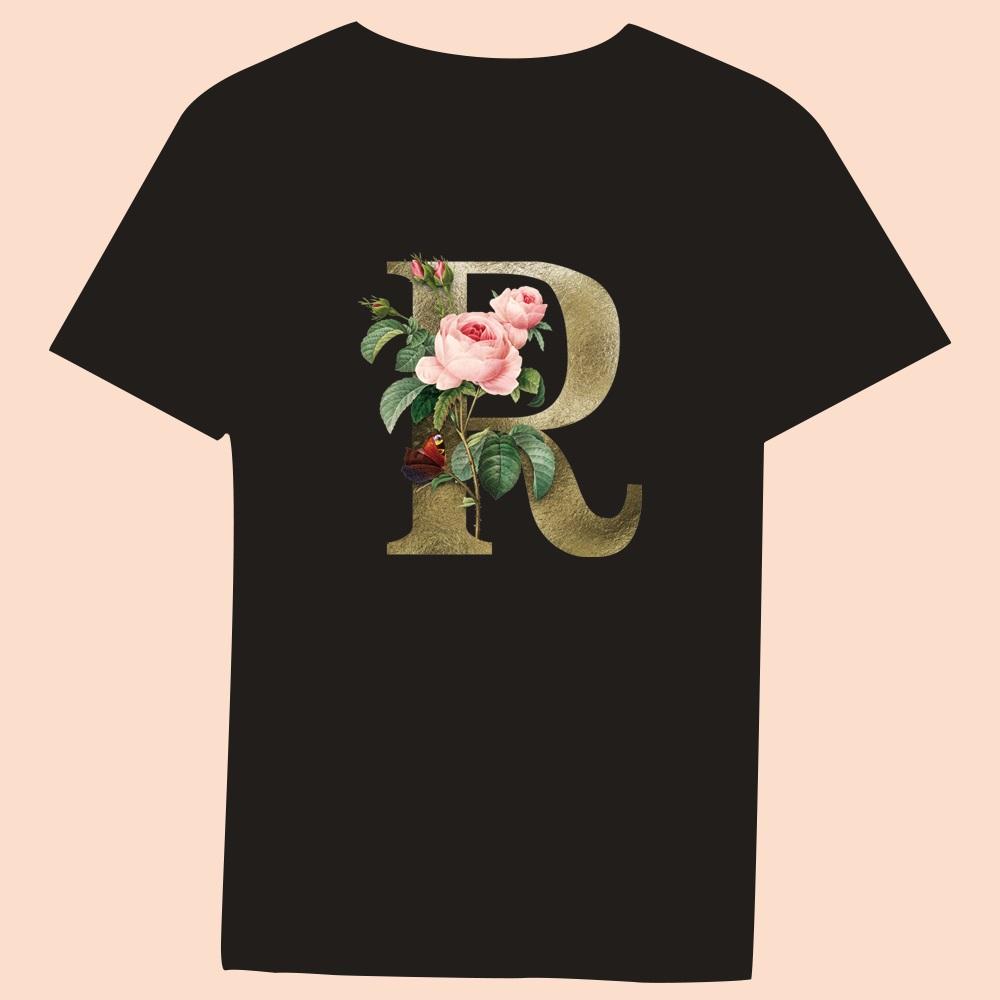 Gold Flower Letter 3D Printing Series Women's Black T-shirt Casual Large Top