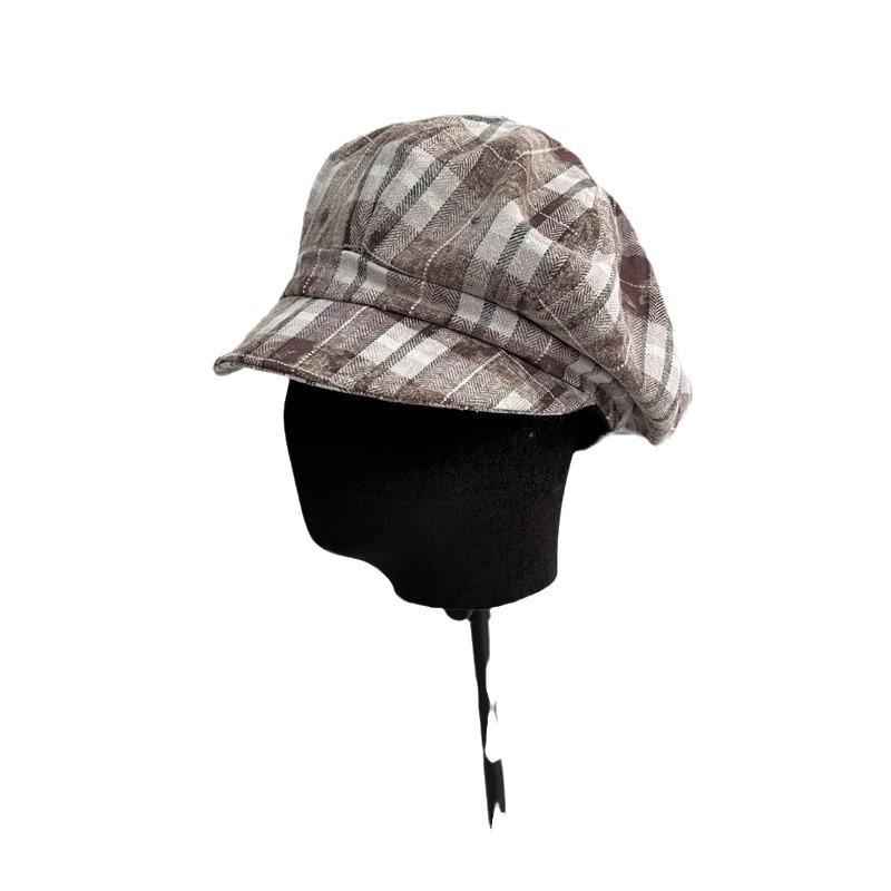 Retro Plaid Forward Hat Female Autumn and Winter Versatile Face Small Painter Newsboy Hat Big Head Circumference Anti-wearing Beret