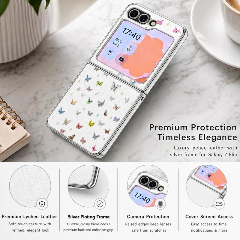 Colorful Butterfly Pattern Case For Samsung Galaxy Z FlIP 7 FE 6 5 Plating PC+PU Leather Hybrid Folding Cover For Samsung Z Flip7 Flip6 Flip5