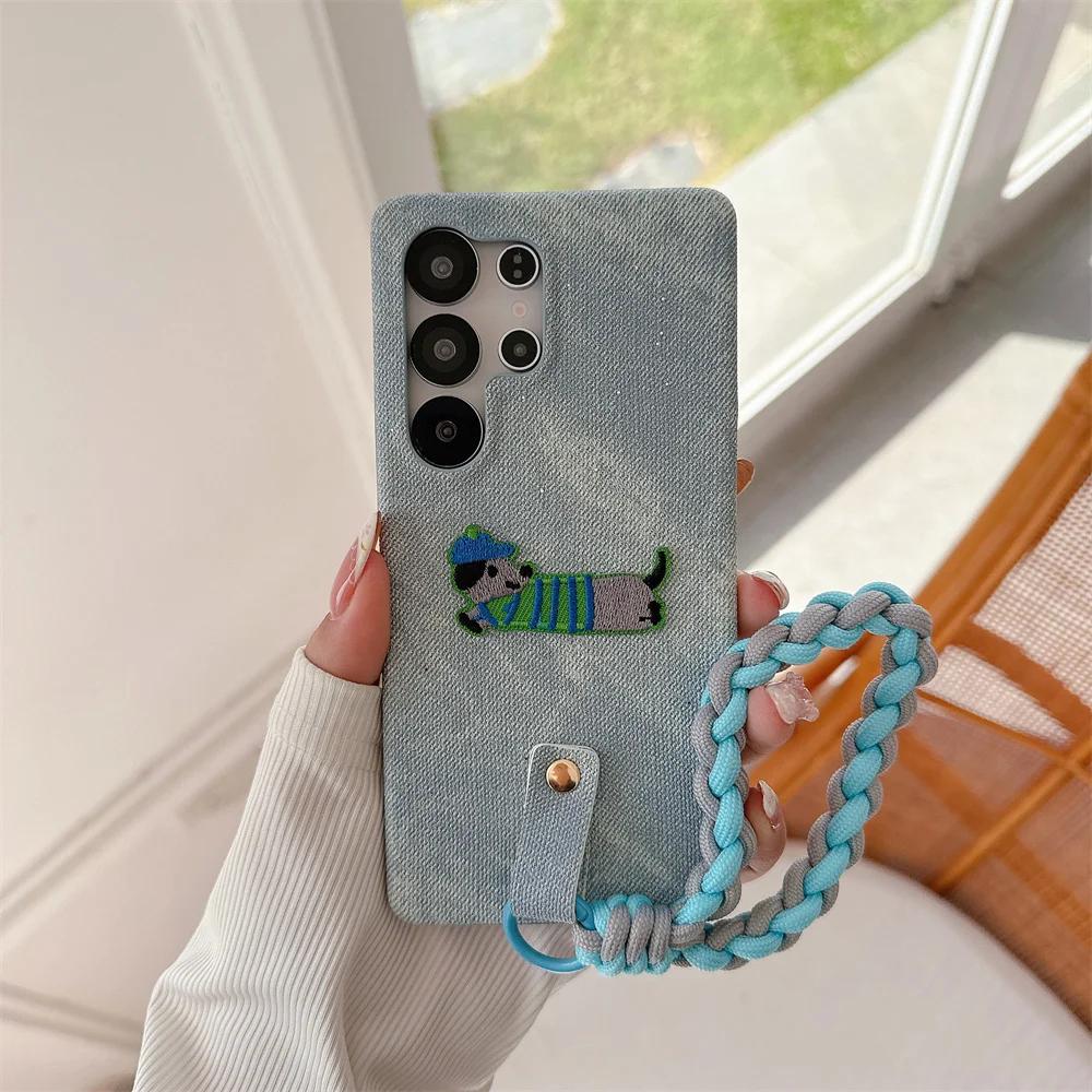 Wrist Strap Weave Cartoon Shockproof Phone Case for Samsung S25 S24 S23 Ultra Galaxy S25 S24 S23 Cowboy Leather Protective Cover