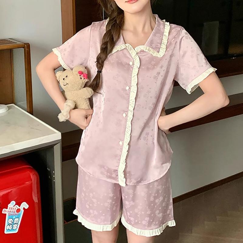 French Sweet Wind Floral Ice Silk Long-Sleeved Pajamas Women'S Spring And Autumn Ruffle Leaf Loungewear Set