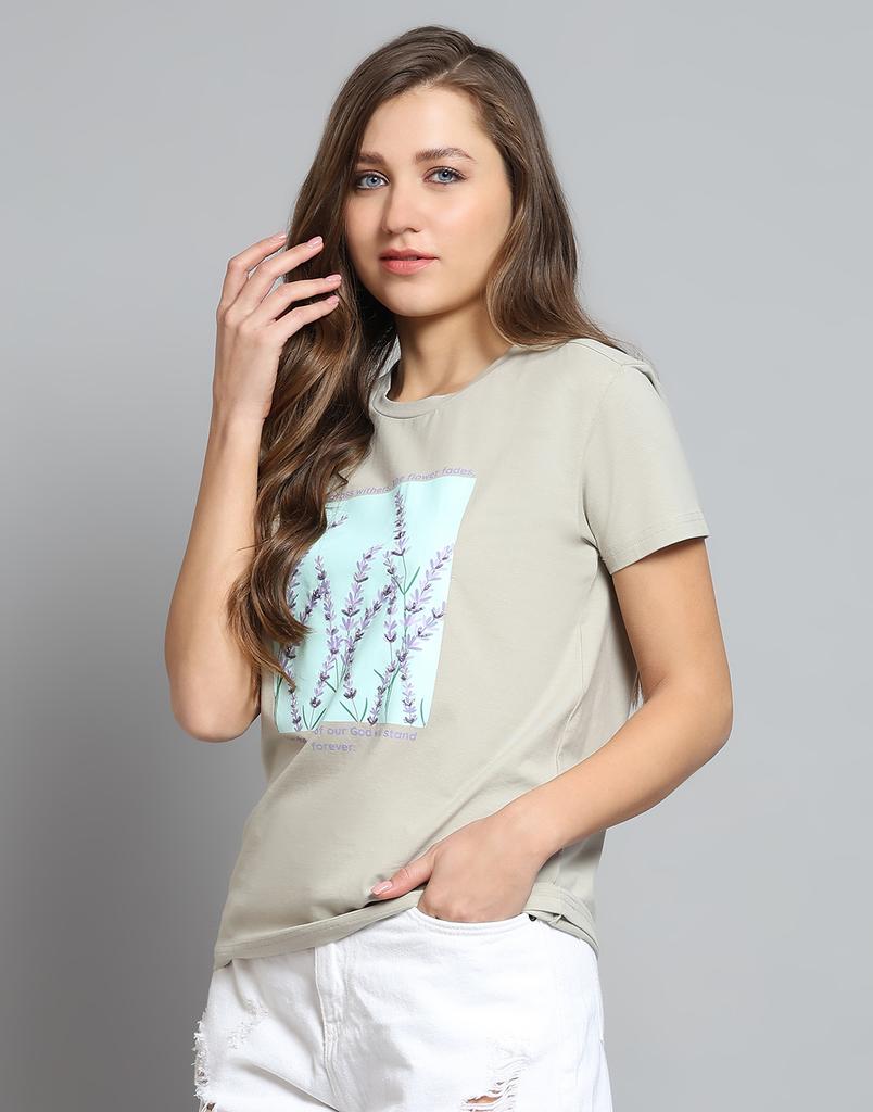 Monte Carlo Womens Printed Grey Round Neck Half Sleeve Top
