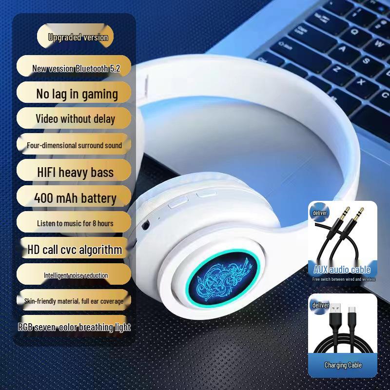 2025 Luminous Wireless Over-Ear Bluetooth Headphones with Heavy Bass and Large Earcups for Boys, Ideal for Running.