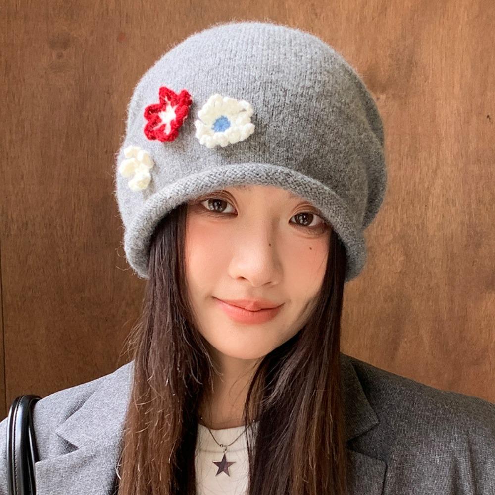 Flower Design Knitted Bucket Hat Korean Style Beanie Hat Sweet Warm Cap  Winter
