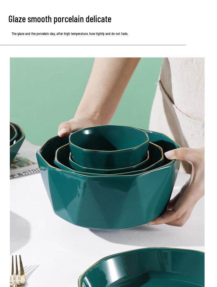 Luxury Peacock Green Tableware Set: Gold-Rimmed Bowl & Plate