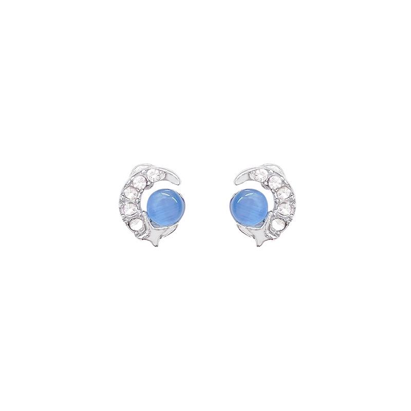 S925 Silver Bow & Blue Cat's Eye Star and Moon Earrings for Elegant Women