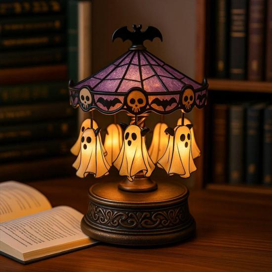 Duchový kolotočové světlo Vitrážový kolotoč Noční světlo s plovoucím duchem Halloweenská stolní lampa na čtení do ložnice krbová římsa stolní dekorace