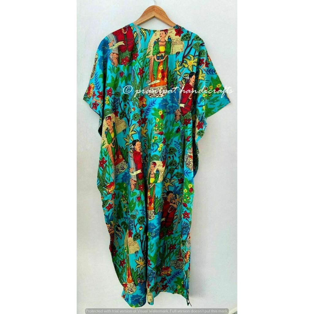 Indisches, türkises, langes Frida-Kahlo-Print-Maxikleid aus Baumwolle für Damen, Nachtwäsche, Kaftan, CKFTN-SCRN-FULL-BUYIT-043