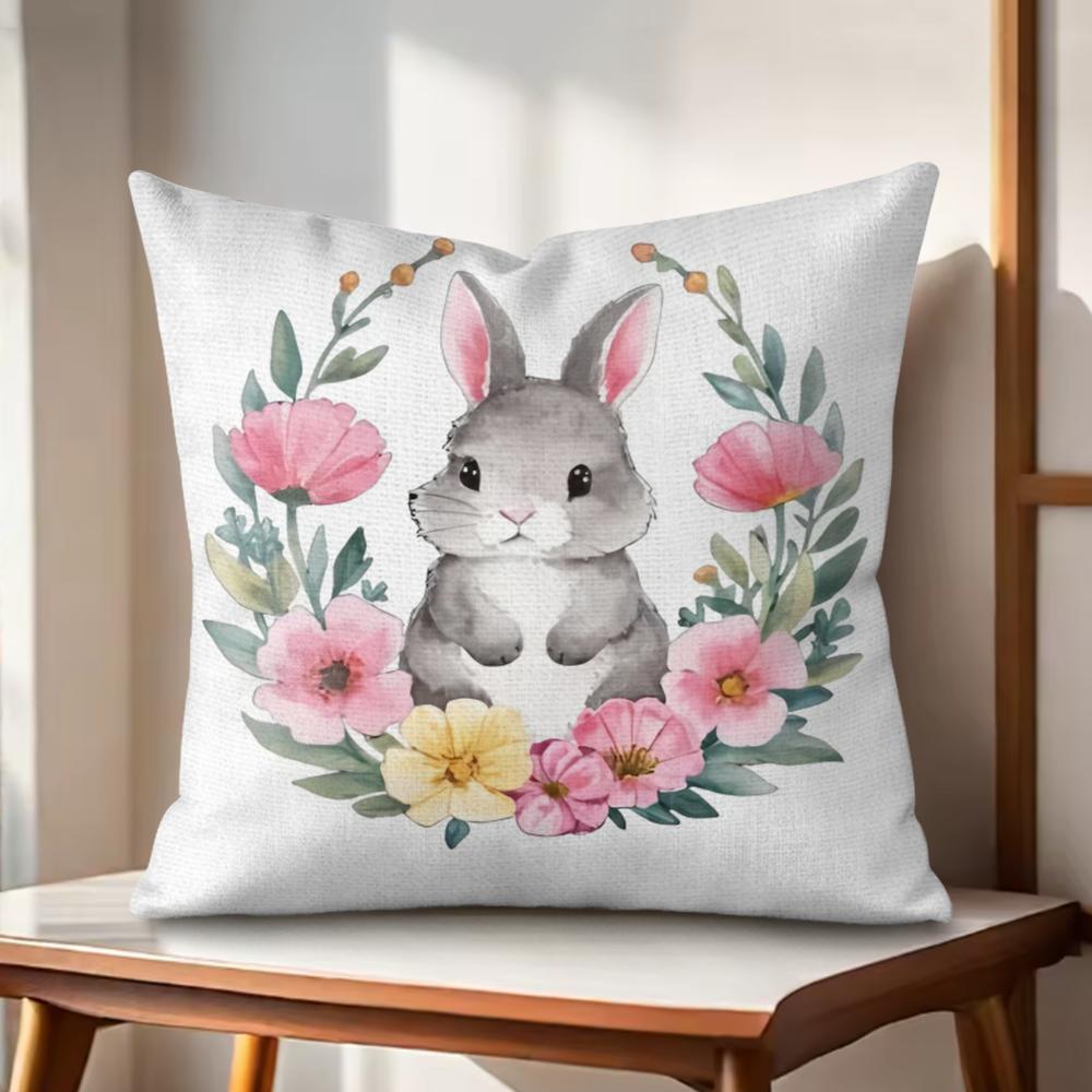 Cute Easter Bunny Cushion Cover Natural Linen Organic Fabric DoubleSided Printing Couch Pillow Covers Home Decor