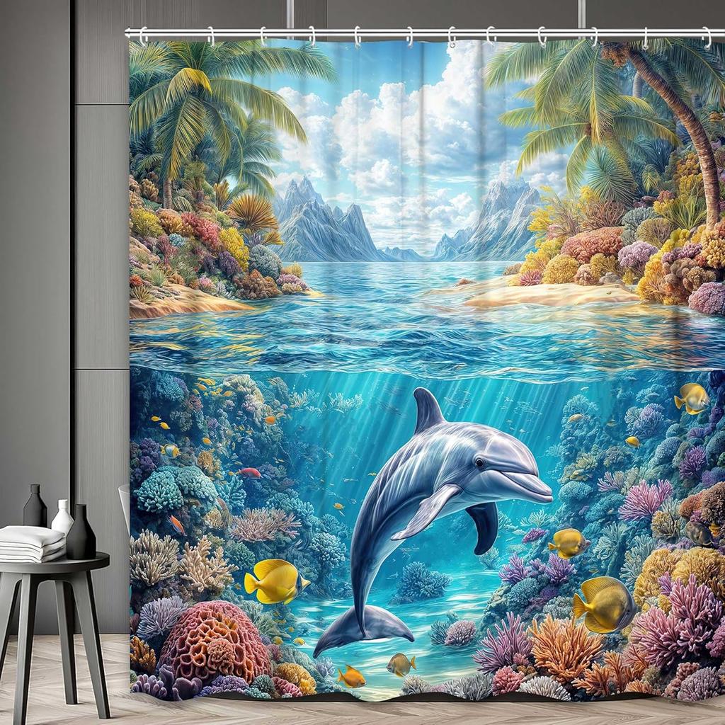 Ocean Fish Shower Curtain, Dolphin Coral Tropical Deep Sea Marine Life Underwater World Decor