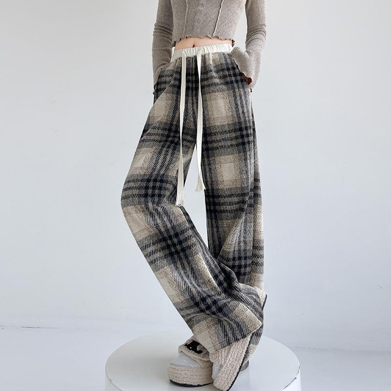 

Women s Fleece-Lined Wool Plaid Pants: Autumn/Winter Loose-Fit, Slimming, Wide-Leg, Floor-Length Casuals. Medium