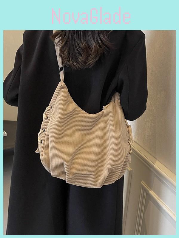 Cotton Corduroy Tote Bag With Zipper Closure For Daily Commuting And Office Use