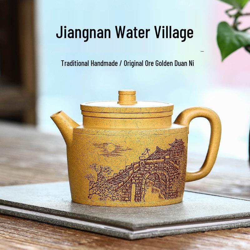 Handcrafted Yixing Zisha Teapot - Engraved and Painted Jiangnan Water Town High-End Tea Set Gift Box
