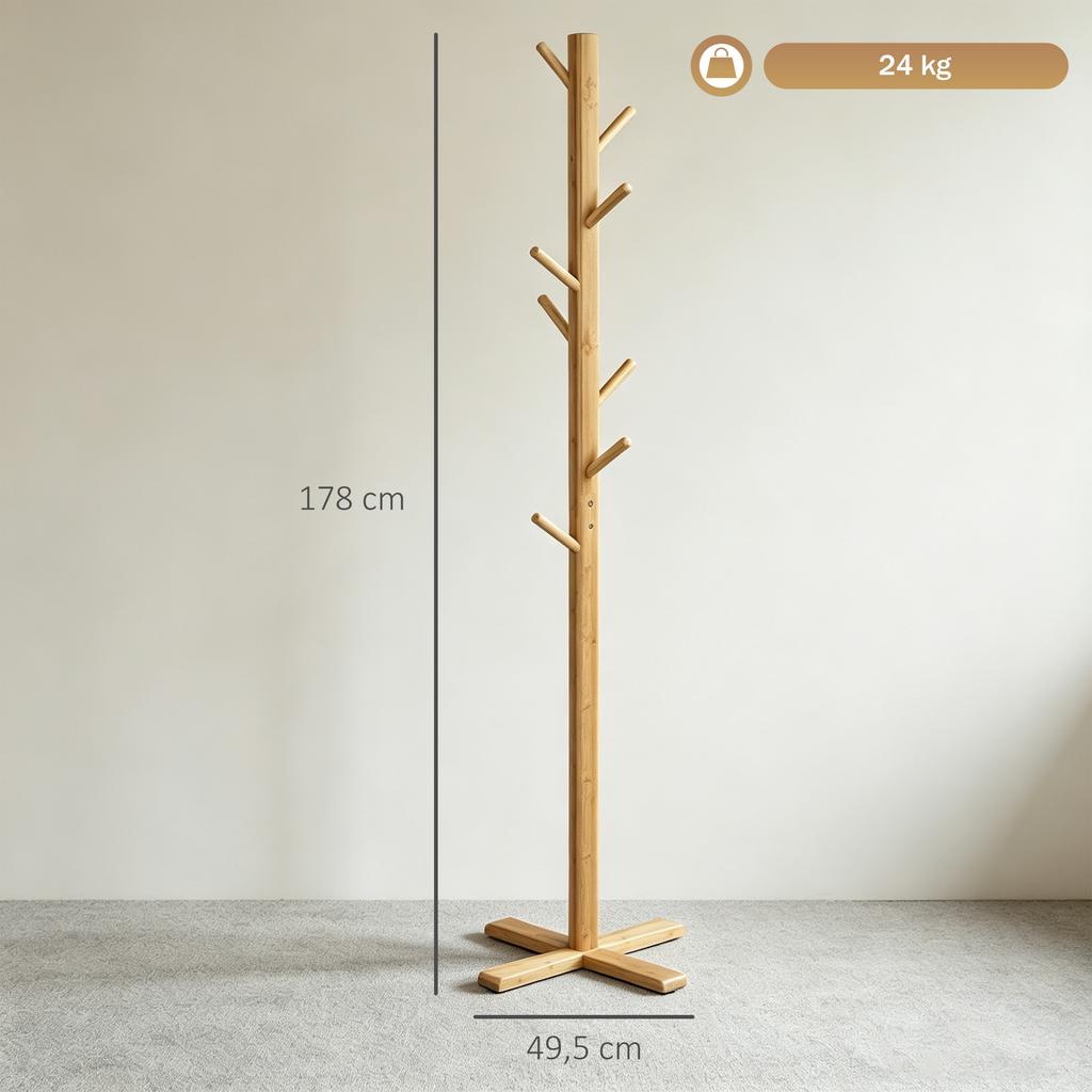 Bamboo Coat Rack, Clothes Rack, 8 Hooks, Natural Wood