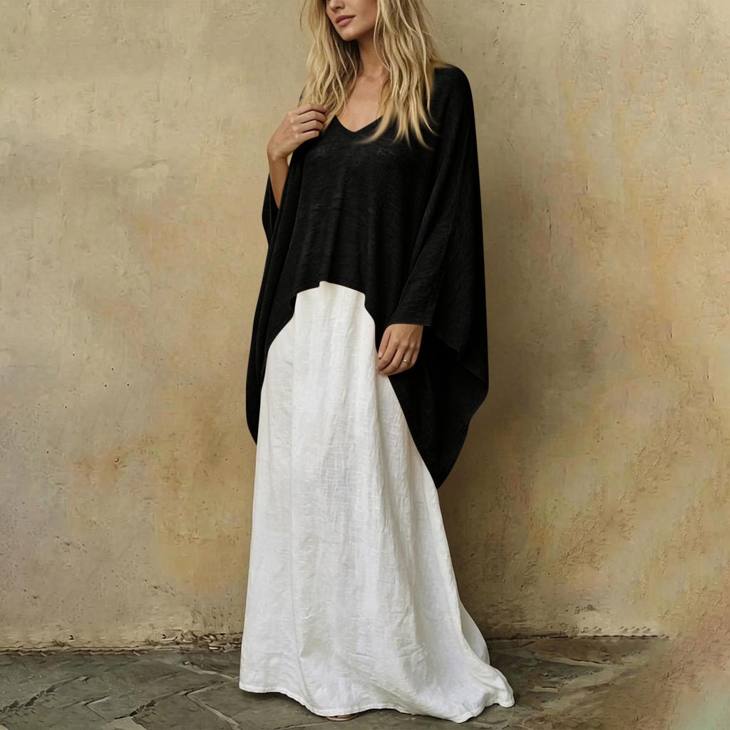 Women's Color V-Neck Long Sleeve Cape Top and Loose Fit Dress Two-Piece Set